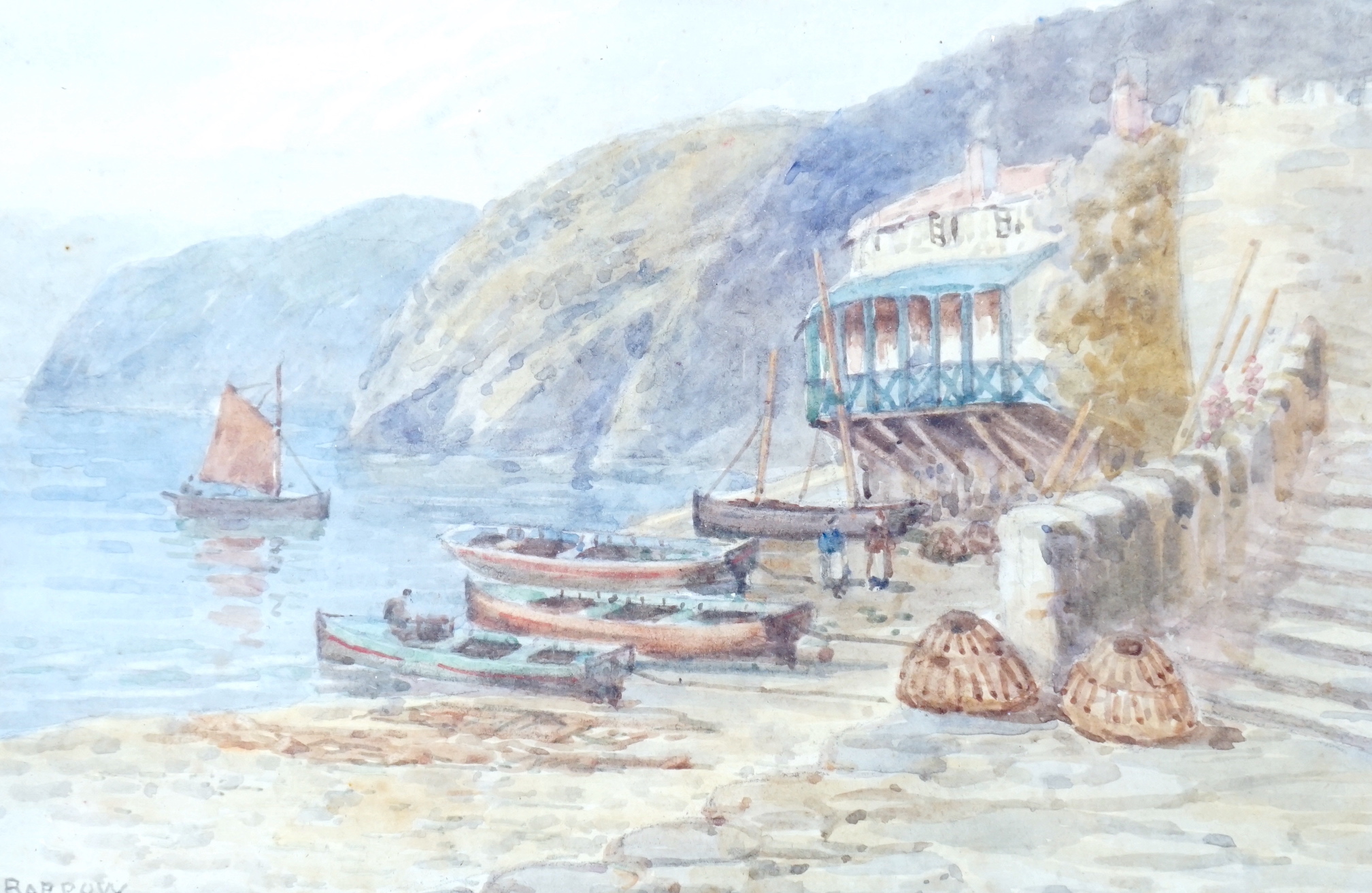 F. Barrow, watercolour, Cornish fishing village, signed, 16.5 x 25cm